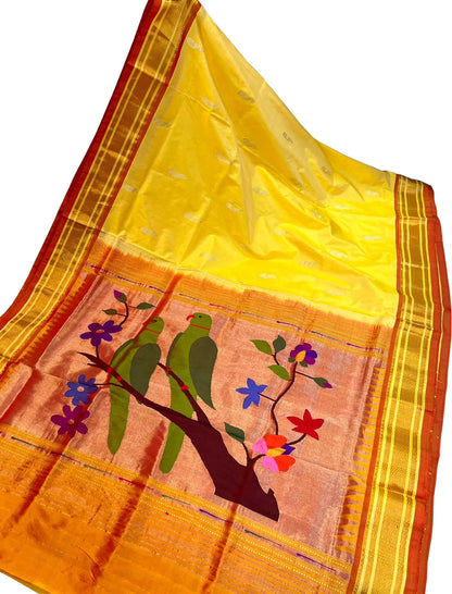 Yellow Paithani Handloom Pure Silk Parrot Design Saree - Luxurion World