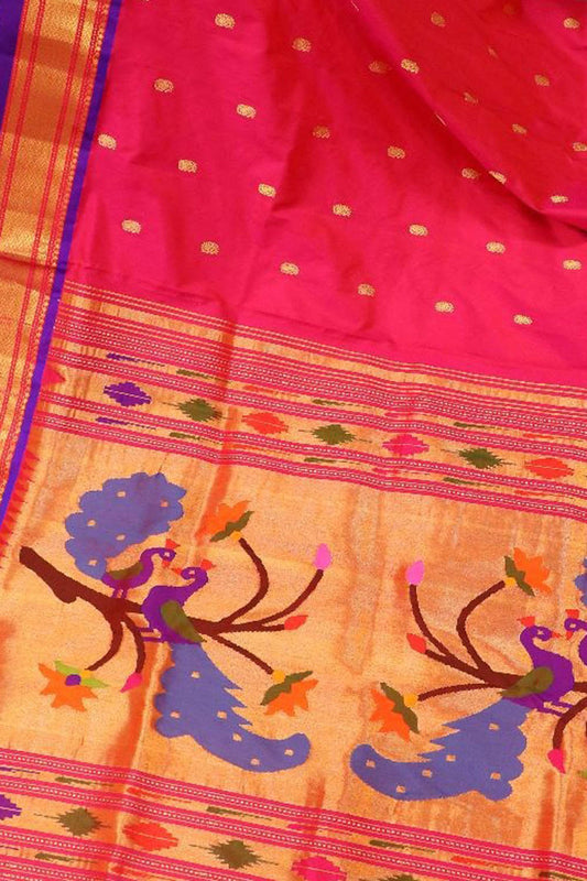 Pink Paithani Handloom Pure Silk Peacock Design Saree - Luxurion World