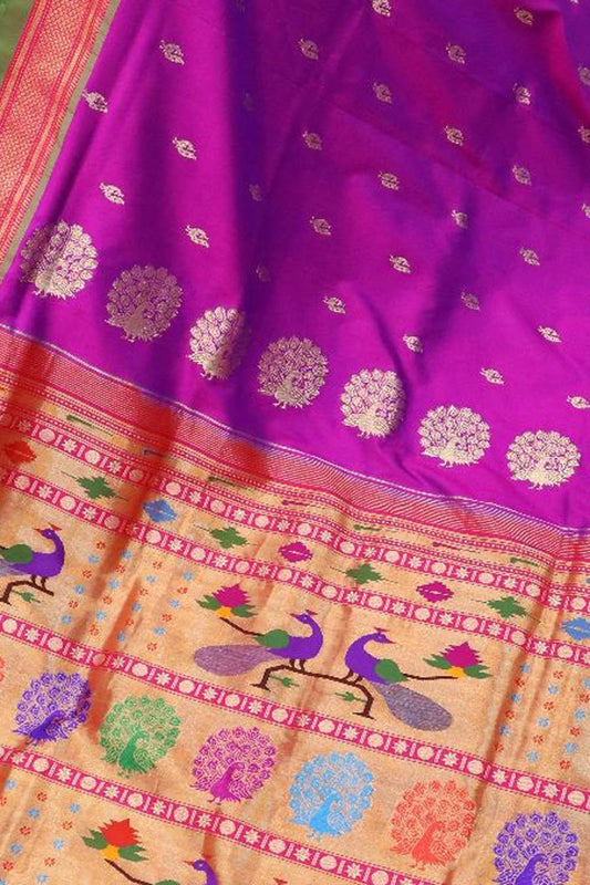 Purple Paithani Handloom Pure Silk Peacock Design Saree - Luxurion World