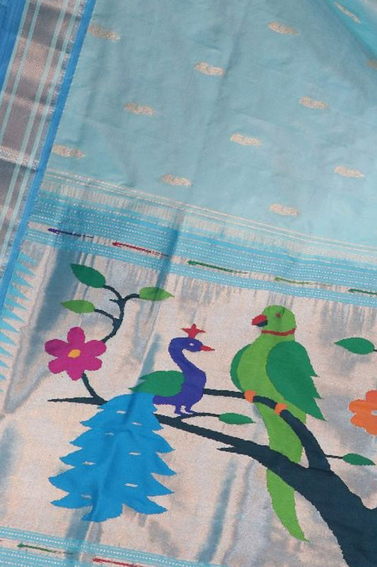 Blue Paithani Handloom Pure Silk Bird Design Saree - Luxurion World