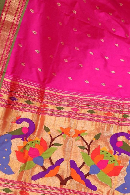Pink Paithani Handloom Pure Silk Peacock Design Saree - Luxurion World