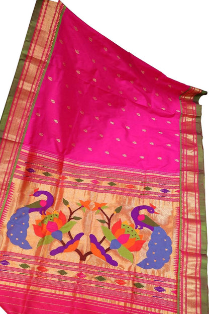 Pink Paithani Handloom Pure Silk Peacock Design Saree - Luxurion World