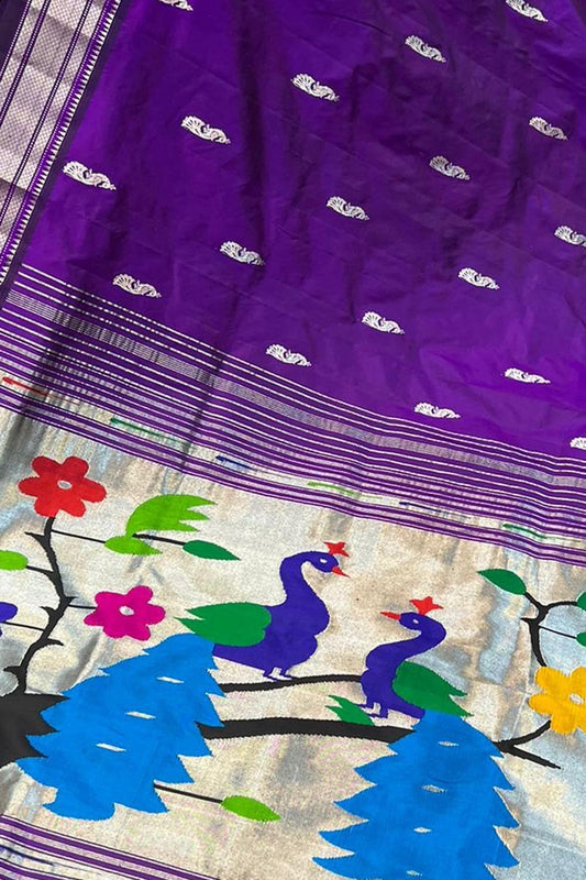 Purple Paithani Handloom Pure Silk Peacock Design Saree - Luxurion World