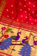 Red Paithani Handloom Pure Silk Peacock Design Saree - Luxurion World