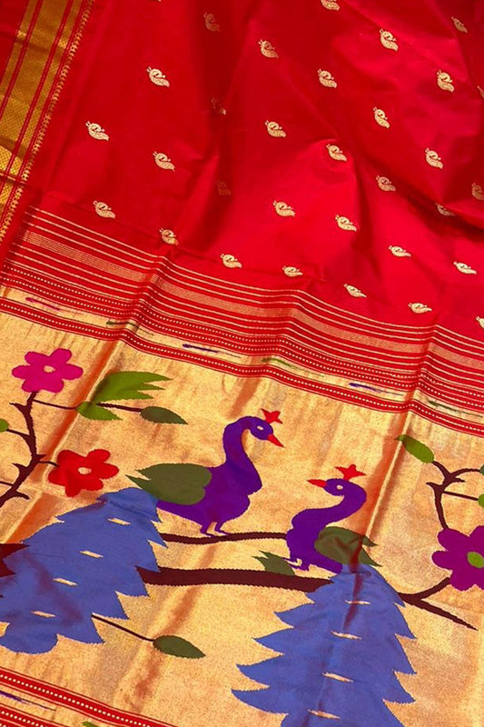 Red Paithani Handloom Pure Silk Peacock Design Saree - Luxurion World