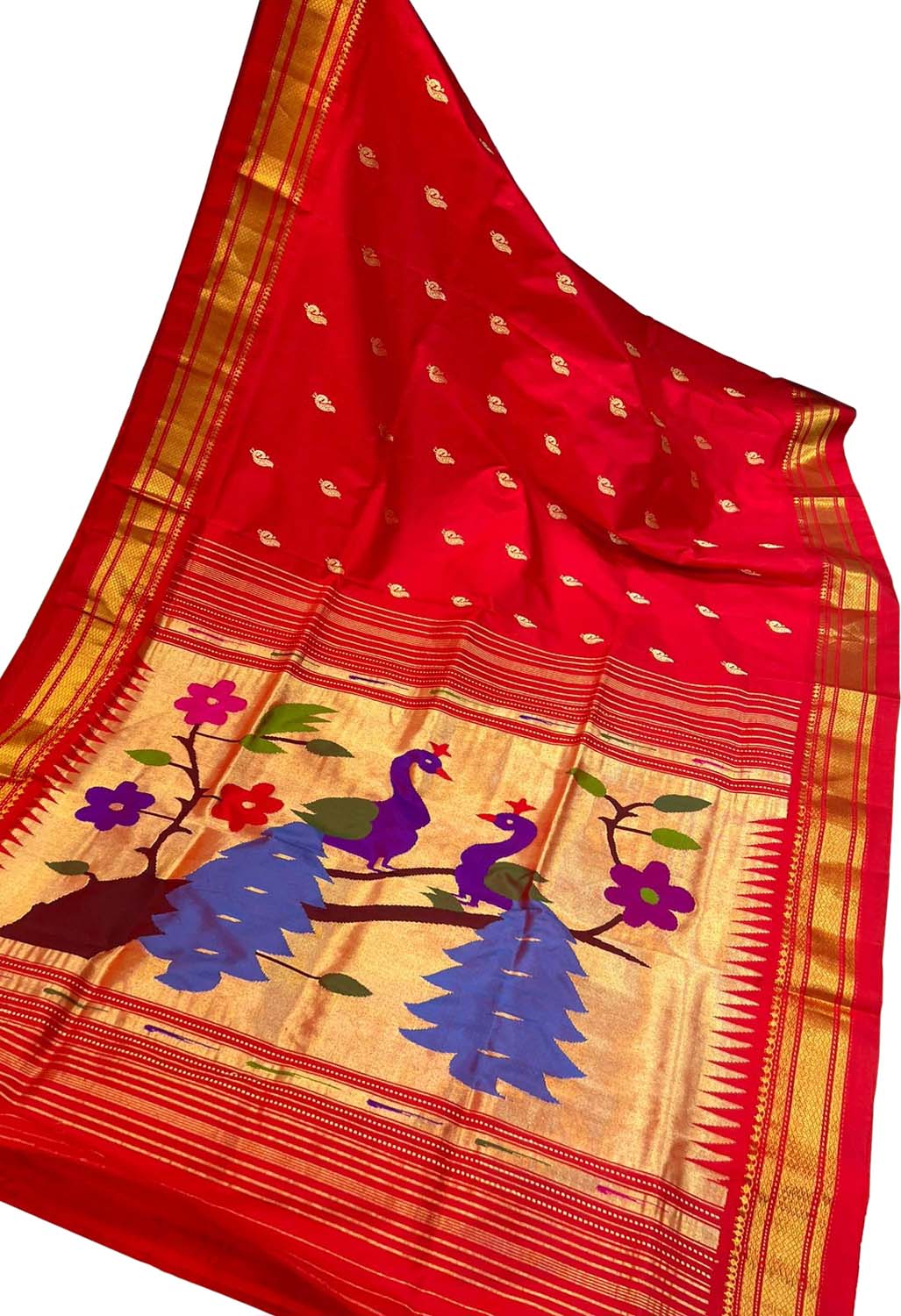 Red Paithani Handloom Pure Silk Peacock Design Saree - Luxurion World