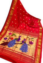 Red Paithani Handloom Pure Silk Peacock Design Saree - Luxurion World