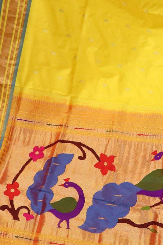 Yellow Paithani Handloom Pure Silk Peacock Design Saree - Luxurion World