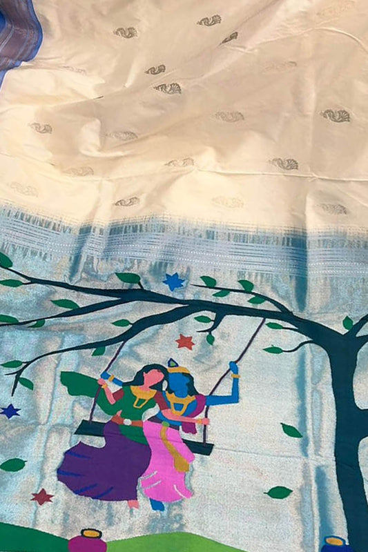 Off White Paithani Handloom Pure Silk Radha Krishna Design Saree - Luxurion World