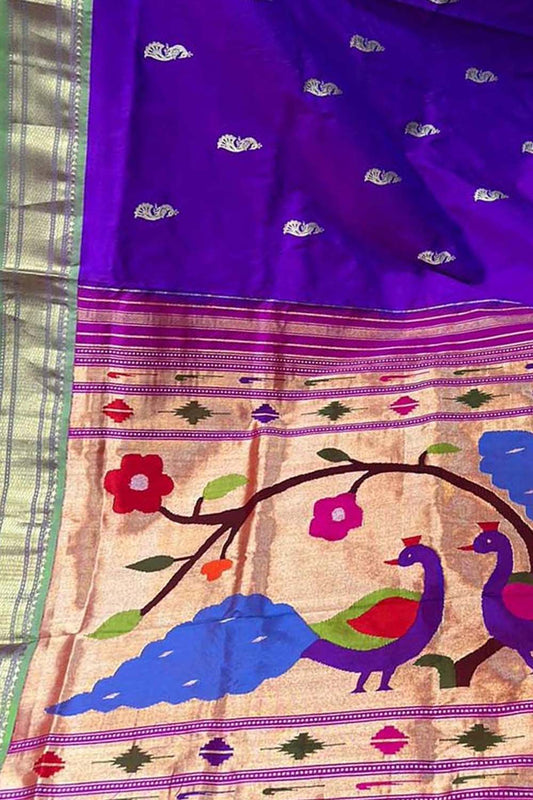 Purple Paithani Handloom Pure Silk Peacock Design Saree - Luxurion World