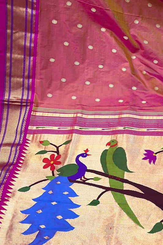 Pink Paithani Handloom Pure Silk Bird Design Saree - Luxurion World
