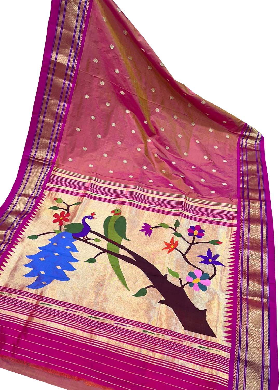 Pink Paithani Handloom Pure Silk Bird Design Saree - Luxurion World