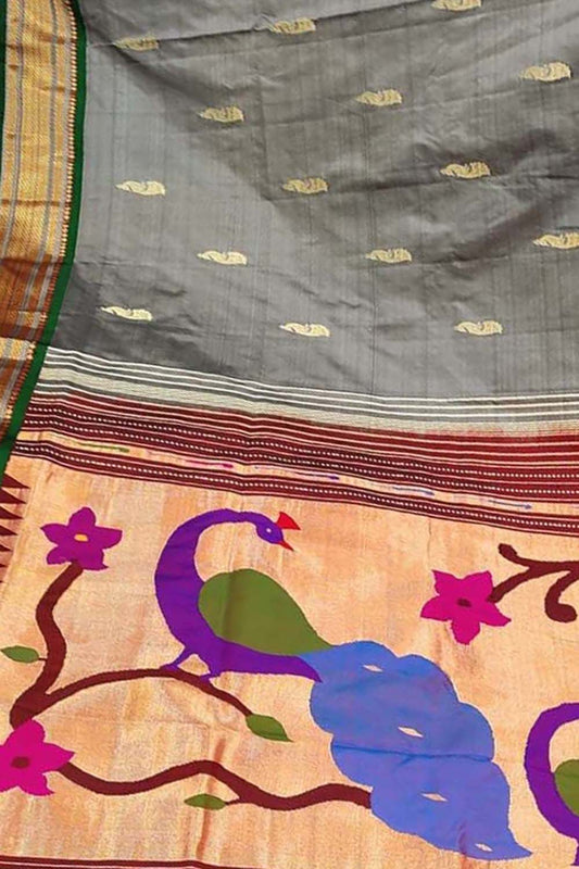 Grey Paithani Handloom Pure Silk Peacock Design Saree - Luxurion World