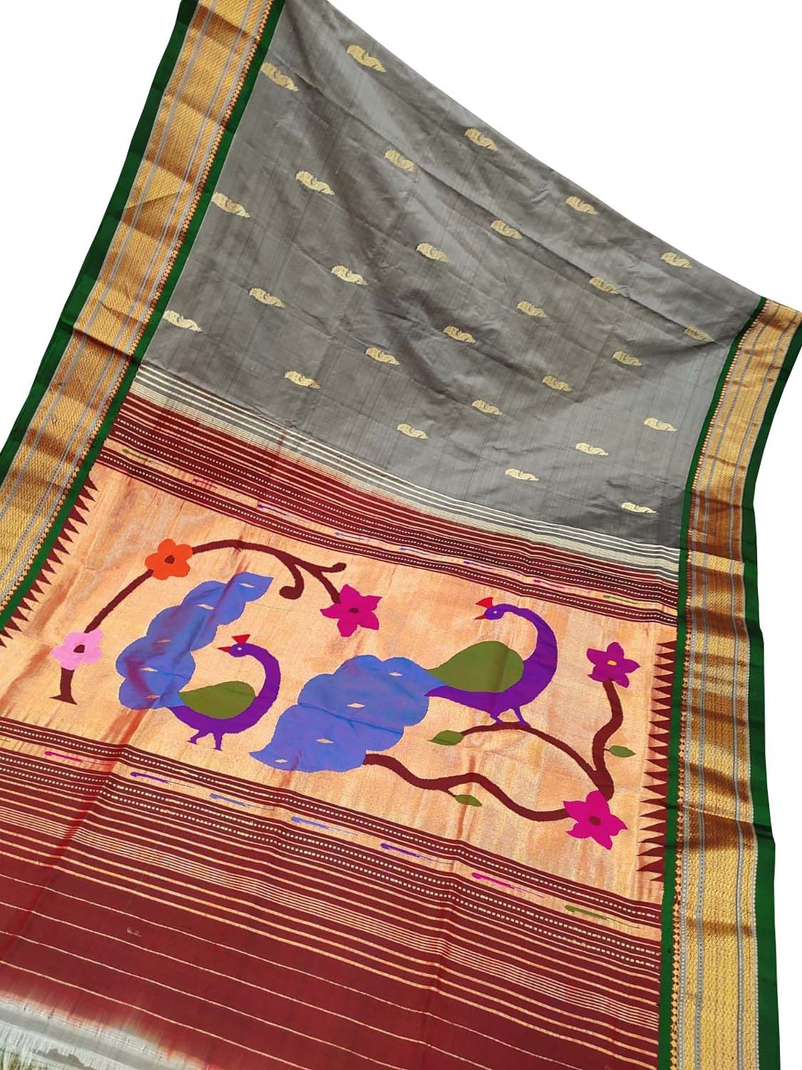 Grey Paithani Handloom Pure Silk Peacock Design Saree - Luxurion World
