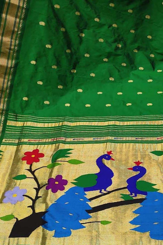 Green Paithani Handloom Pure Silk Peacock Design Saree - Luxurion World