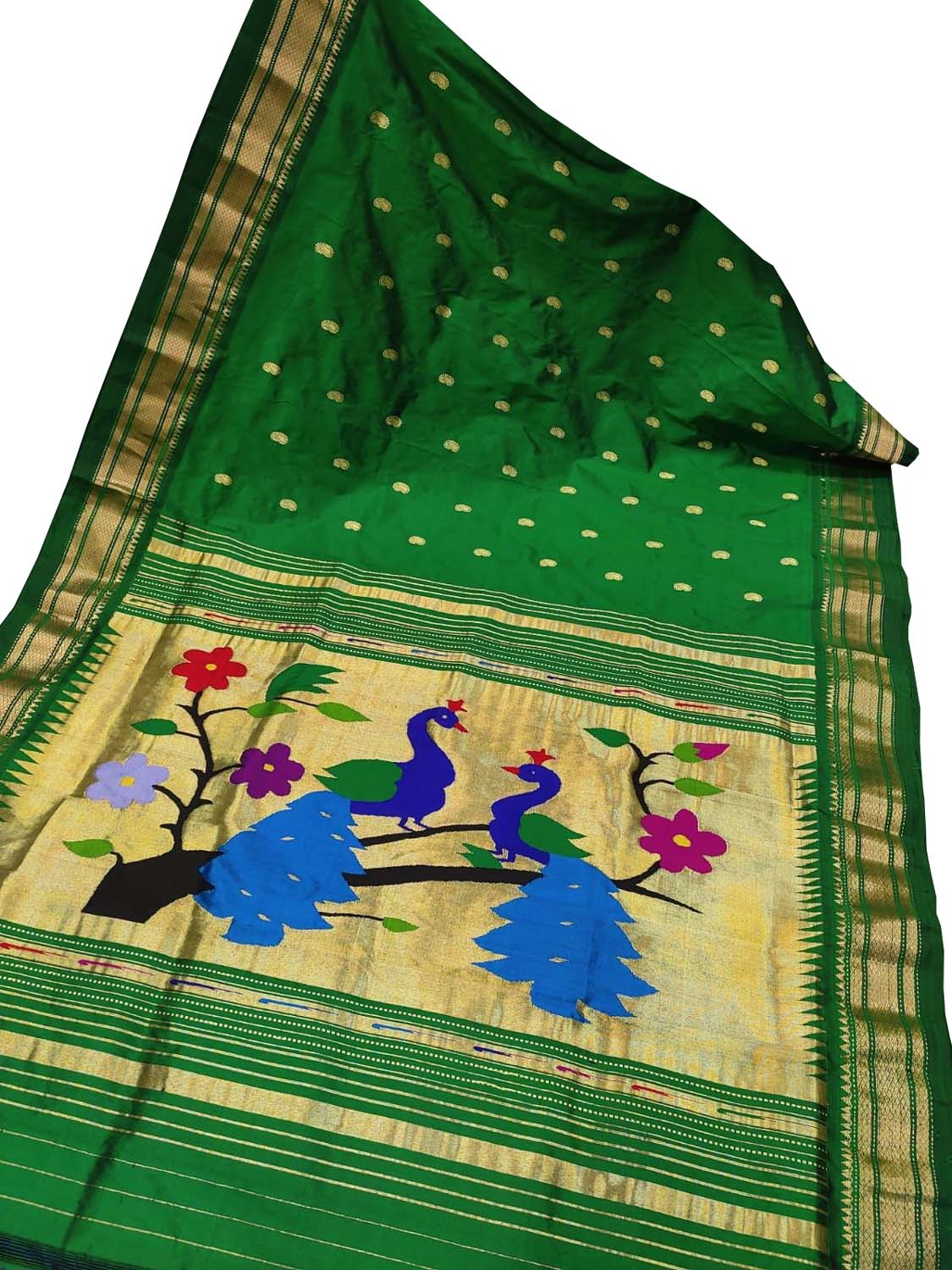 Green Paithani Handloom Pure Silk Peacock Design Saree - Luxurion World