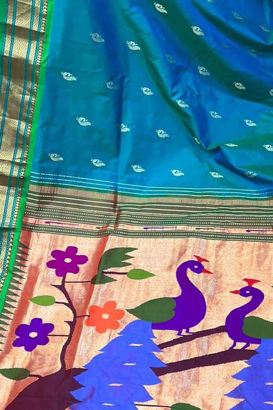 Blue Paithani Handloom Pure Silk Peacock Design Saree - Luxurion World