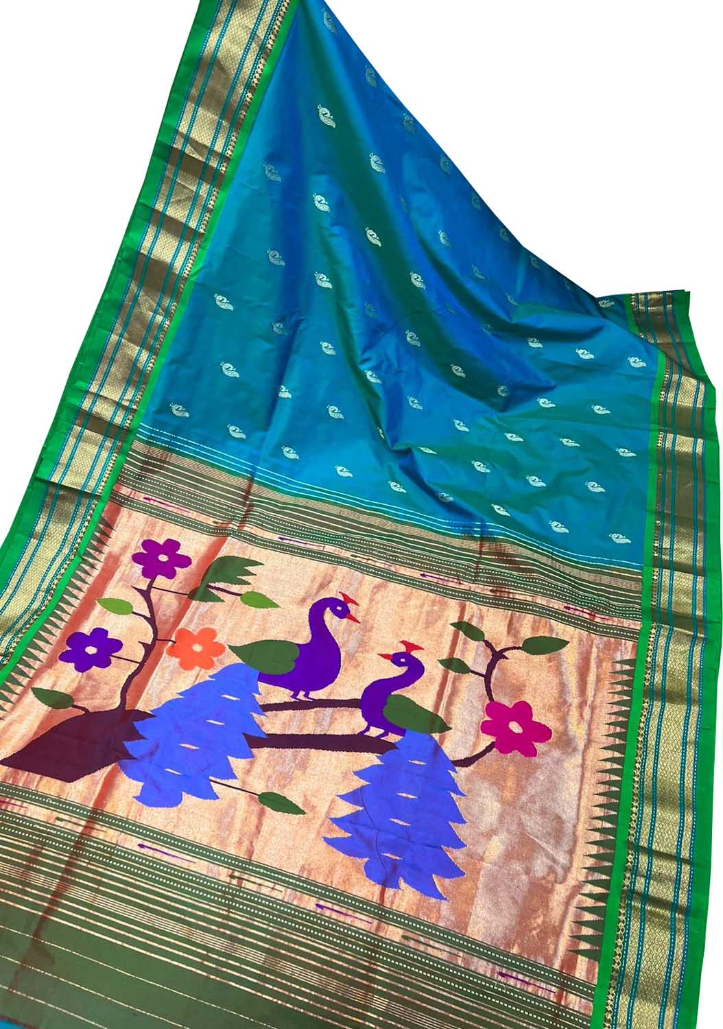 Blue Paithani Handloom Pure Silk Peacock Design Saree - Luxurion World