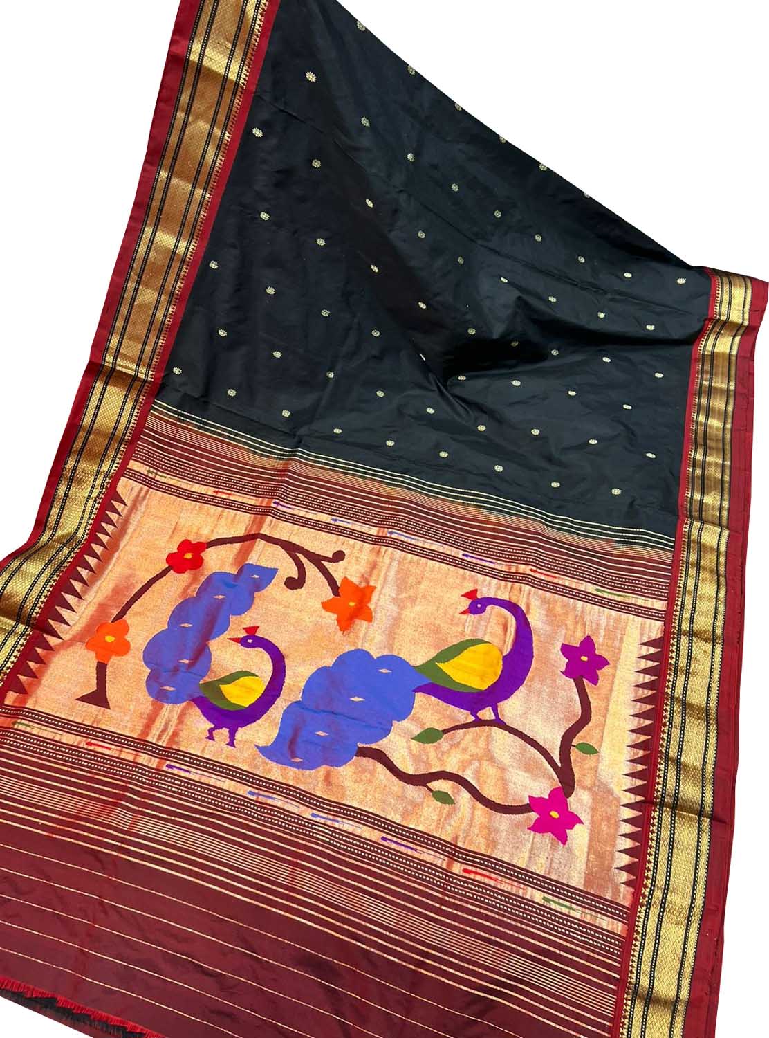 Black Paithani Handloom Pure Silk Peacock Design Saree - Luxurion World