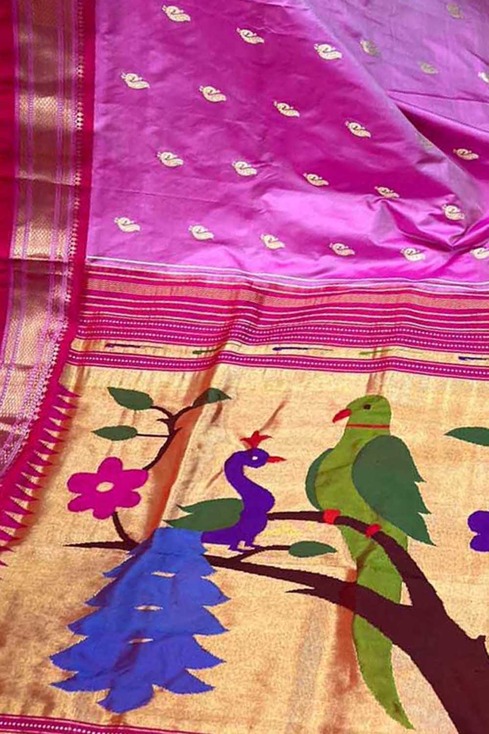 Pink Paithani Handloom Pure Silk Bird Design Saree - Luxurion World
