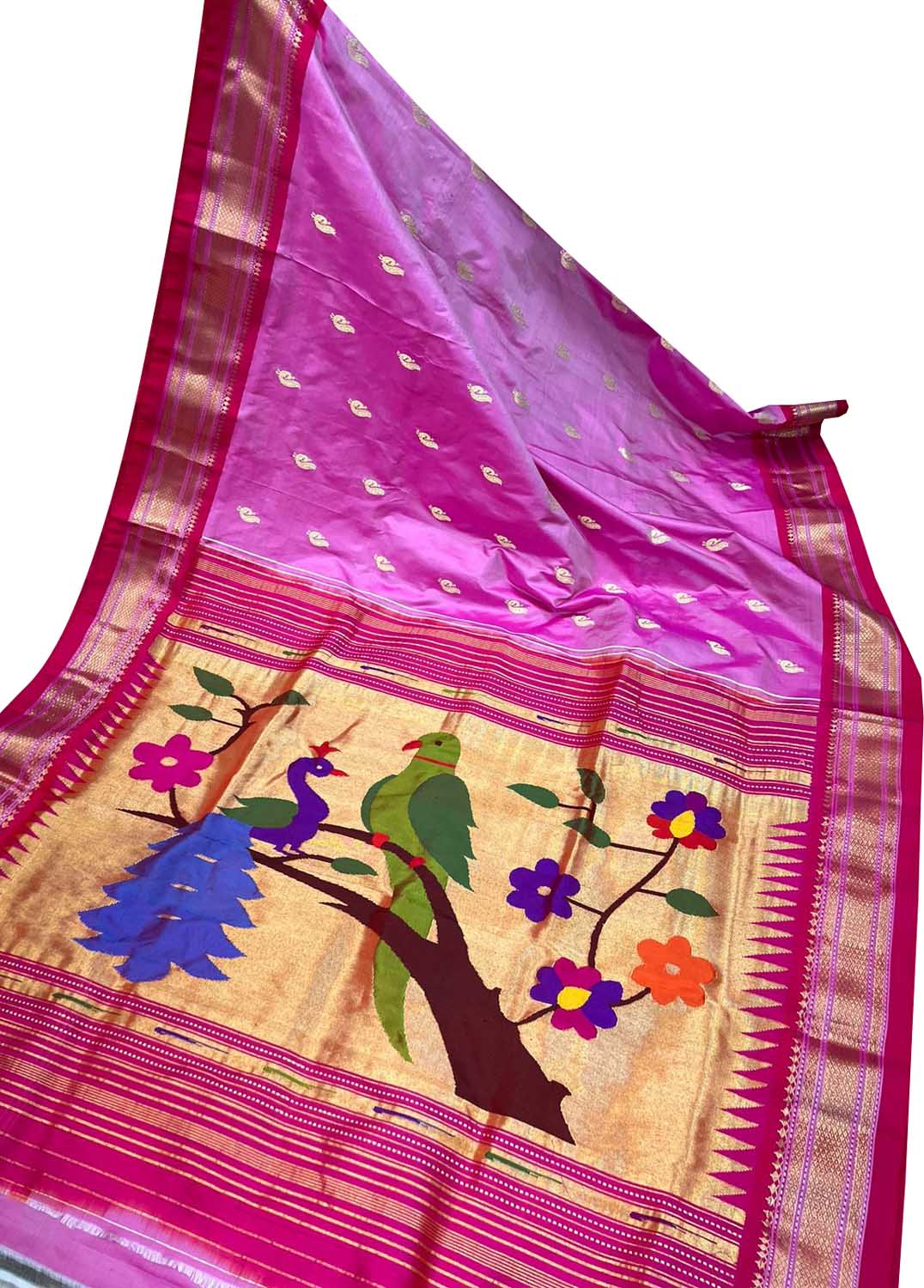 Pink Paithani Handloom Pure Silk Bird Design Saree - Luxurion World