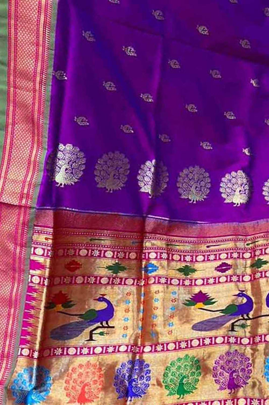 Purple Paithani Handloom Pure Silk Peacock Design Saree - Luxurion World