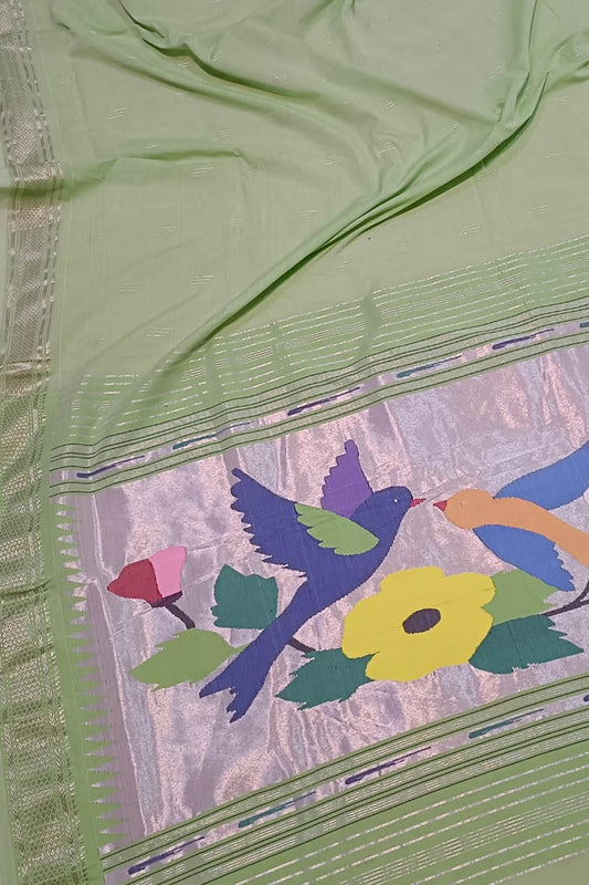 Green Handloom Paithani Pure Cotton Bird Design Saree - Luxurion World