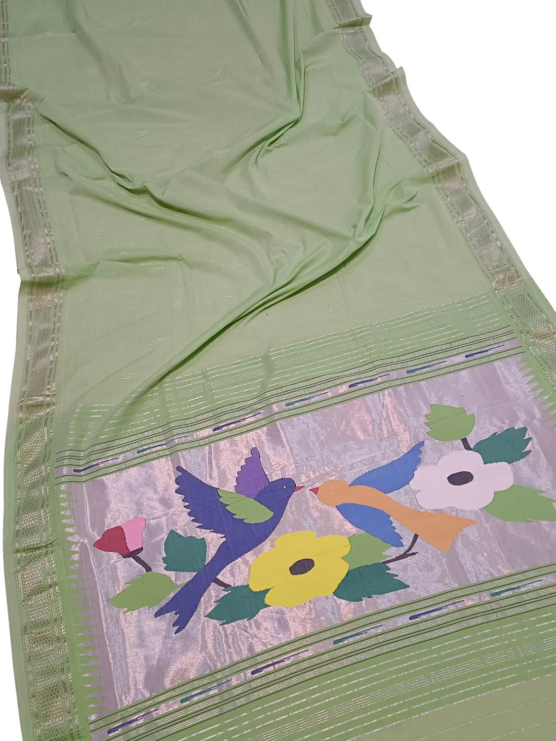Green Handloom Paithani Pure Cotton Bird Design Saree - Luxurion World