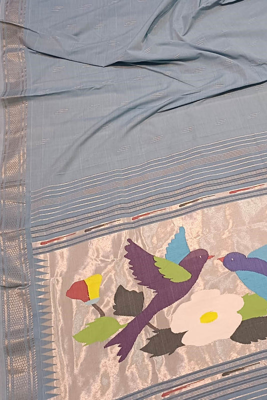 Blue Handloom Paithani Pure Cotton Bird And Floral Design Saree - Luxurion World