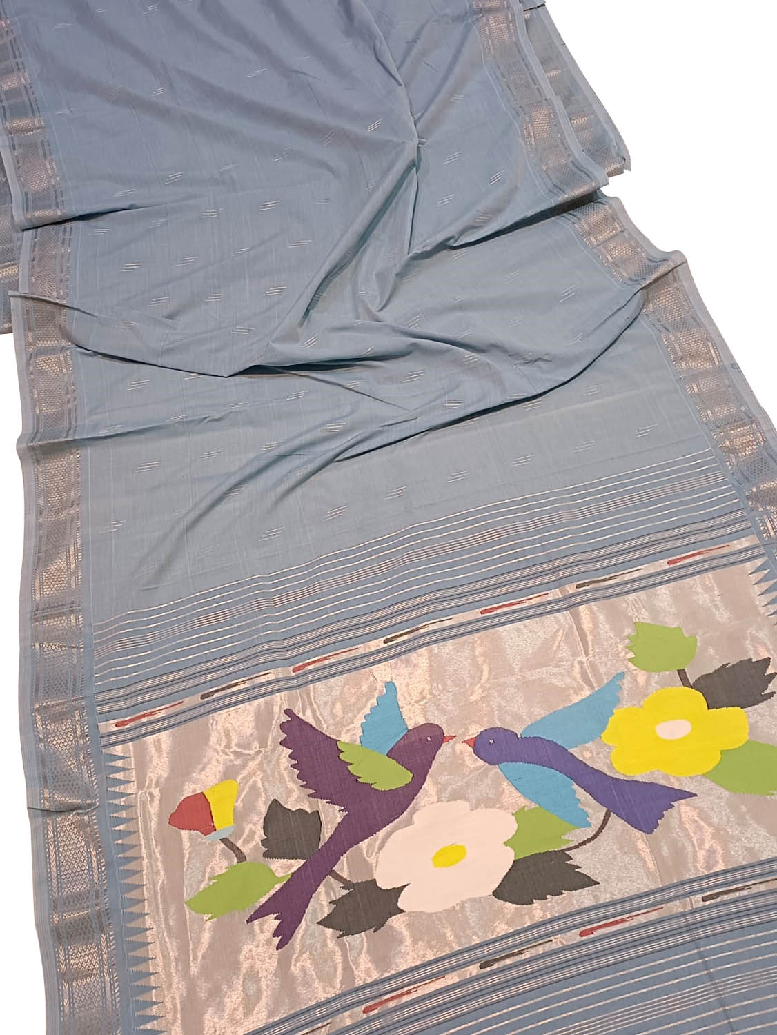 Blue Handloom Paithani Pure Cotton Bird And Floral Design Saree