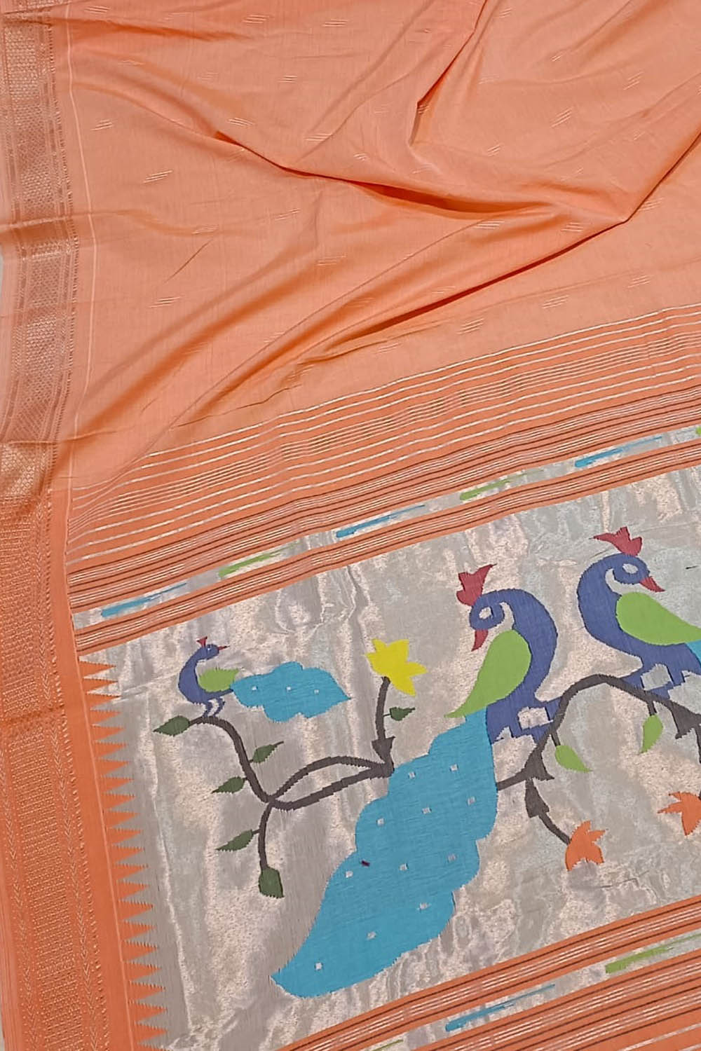 Orange Handloom Paithani Pure Cotton Cow Design Saree - Luxurion World