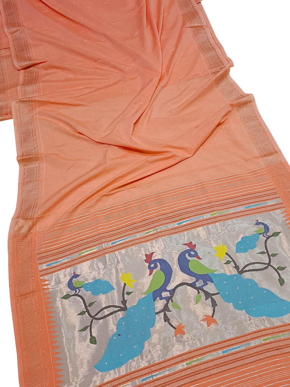 Orange Handloom Paithani Pure Cotton Cow Design Saree - Luxurion World
