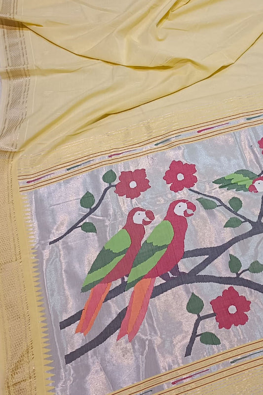 Yellow Handloom Paithani Pure Cotton Radha Krishna Design Saree - Luxurion World