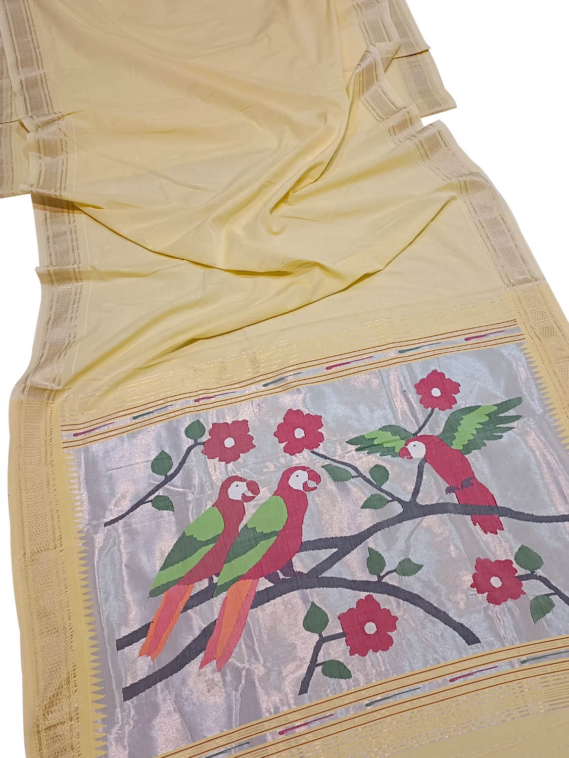 Yellow Handloom Paithani Pure Cotton Radha Krishna Design Saree - Luxurion World