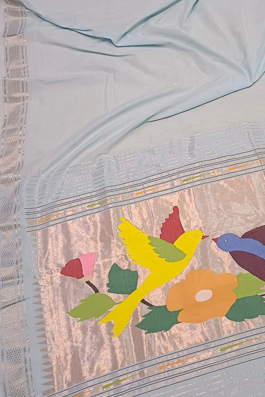 Blue Handloom Paithani Pure Cotton Peacock Design Saree - Luxurion World