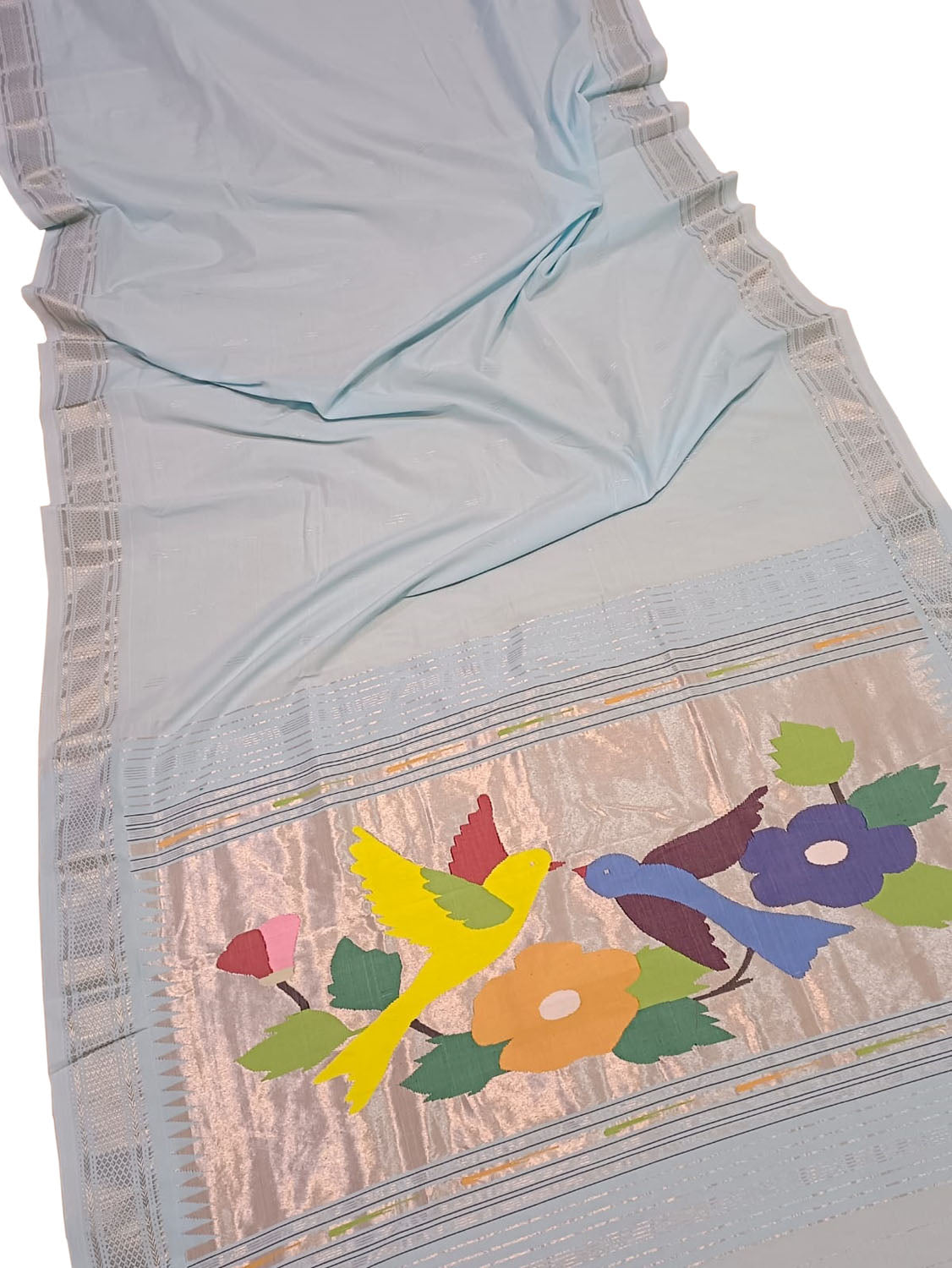 Blue Handloom Paithani Pure Cotton Peacock Design Saree