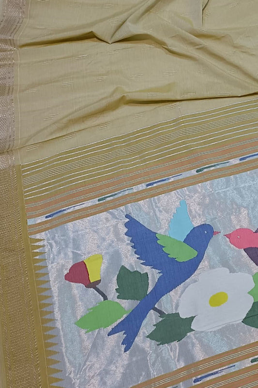 Pastel Handloom Paithani Pure Cotton Peacock Design Saree - Luxurion World