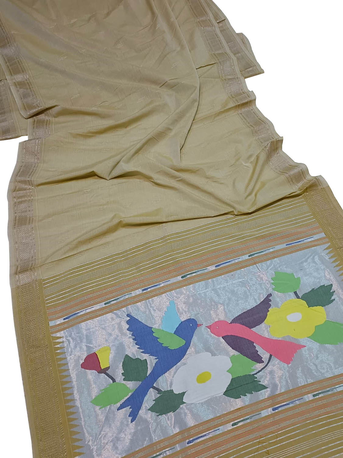 Pastel Handloom Paithani Pure Cotton Peacock Design Saree - Luxurion World