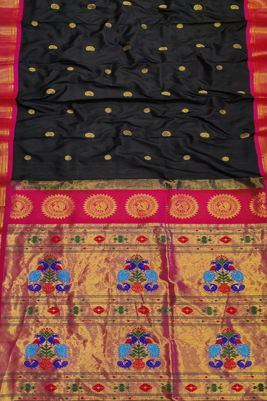 Handloom Silk Peacock Saree: Black Paithani Design - Professional Quality