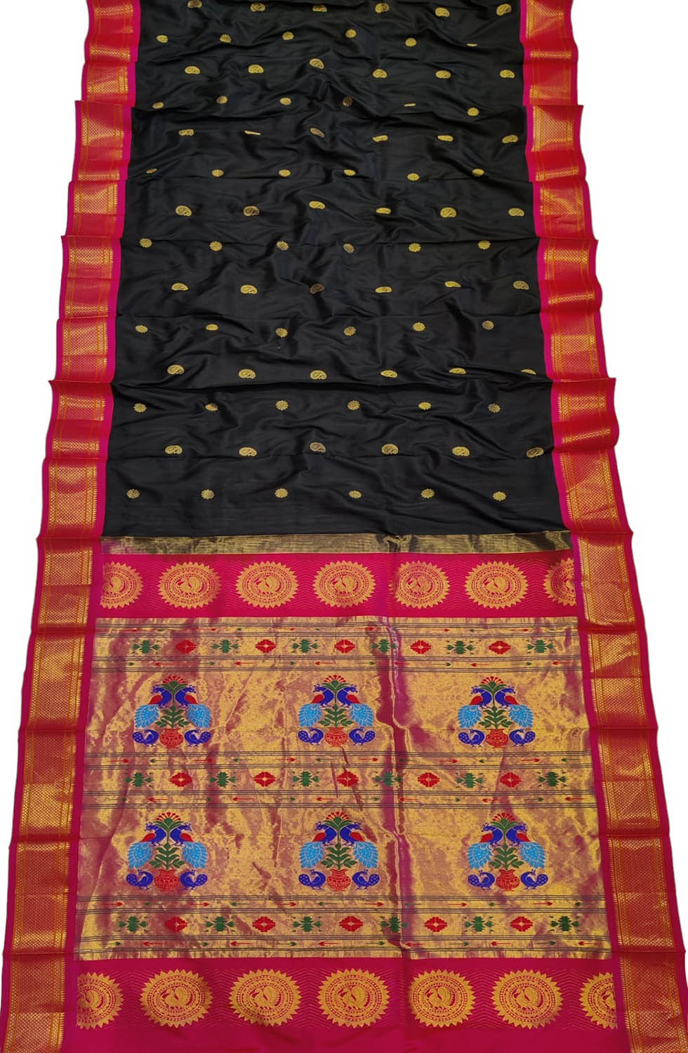 Handloom Silk Peacock Saree: Black Paithani Design - Professional Quality - Luxurion World