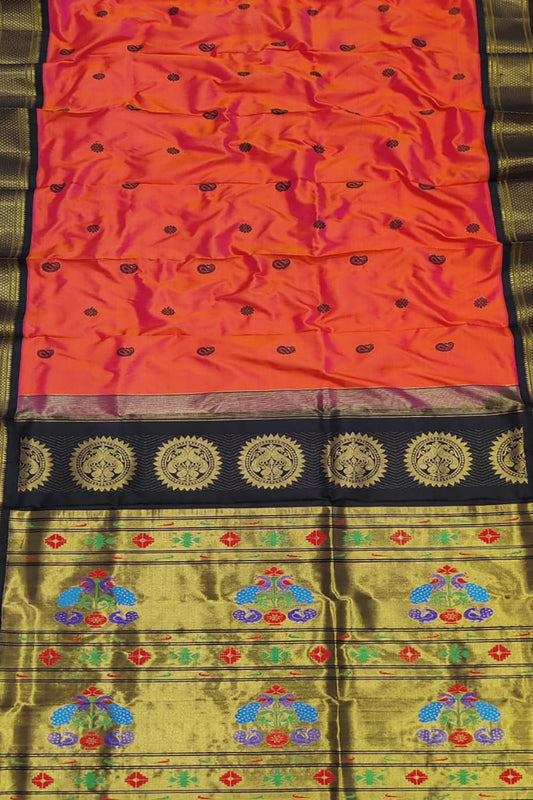Orange Paithani Pure Silk Peacock Saree - Handloom Masterpiece - Luxurion World