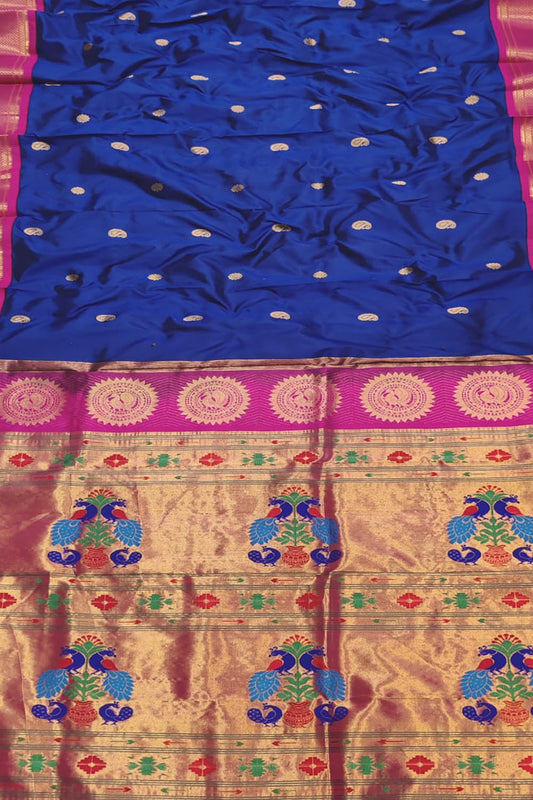 Blue And Pink Peacock Design Pure Silk Paithani Saree - Handloom Craftsmanship - Luxurion World