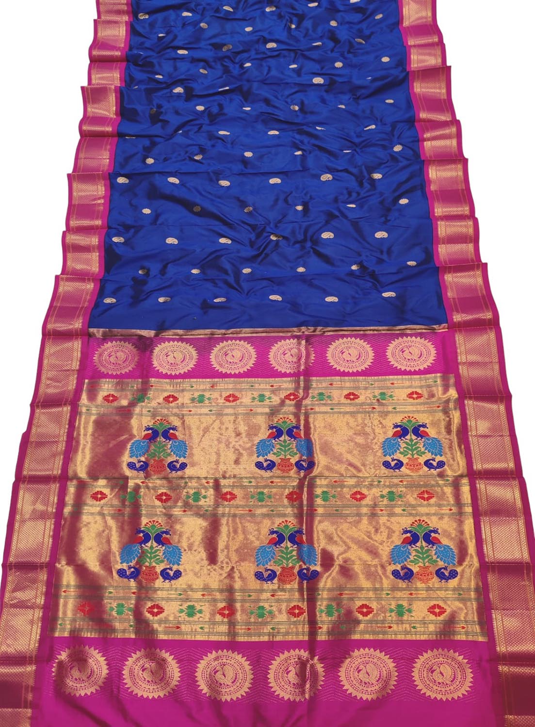 Blue And Pink Peacock Design Pure Silk Paithani Saree - Handloom Craftsmanship - Luxurion World