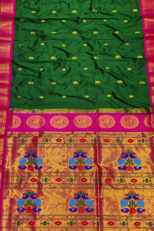Green and Pink Peacock Paithani Silk Saree - Handloom Pure Elegance - Luxurion World
