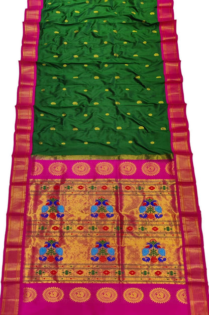 Green and Pink Peacock Paithani Silk Saree - Handloom Pure Elegance - Luxurion World