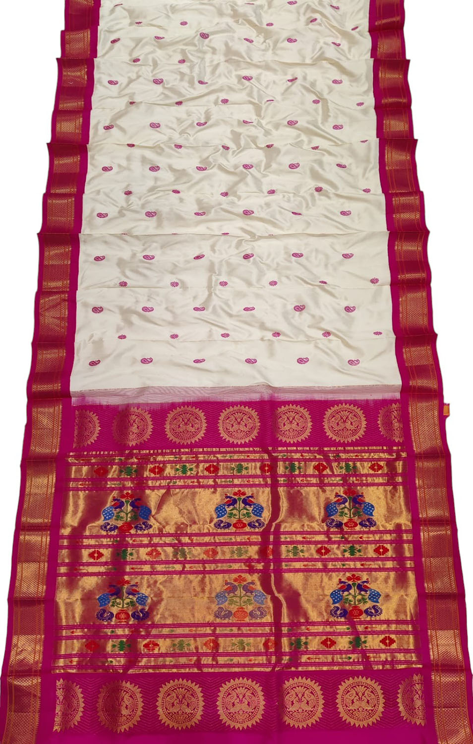 White & Pink Peacock Paithani Silk Saree - Handloom Pure Elegance