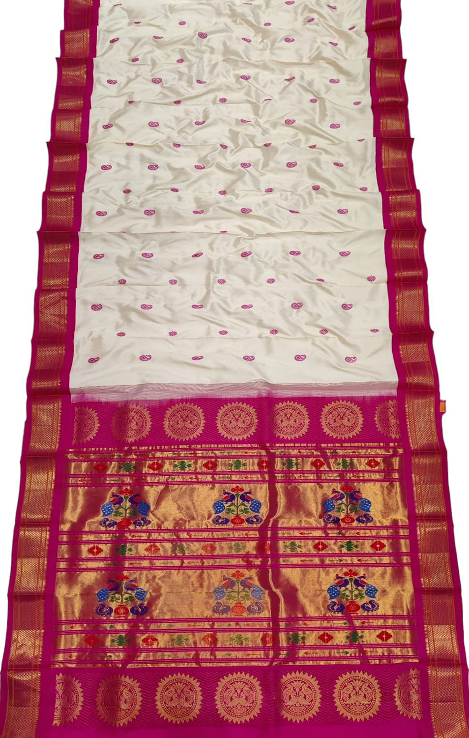 White & Pink Peacock Paithani Silk Saree - Handloom Pure Elegance - Luxurion World