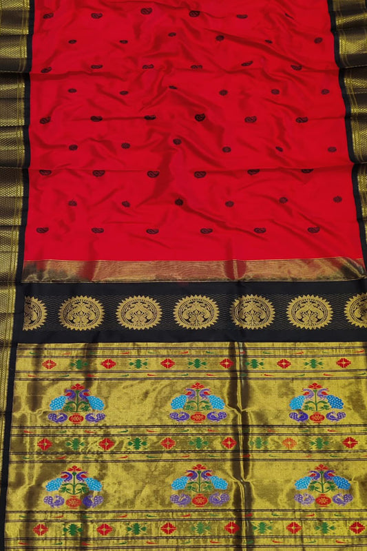 Handloom Silk Peacock Saree in Red and Black - Professional Ethnic Wear - Luxurion World