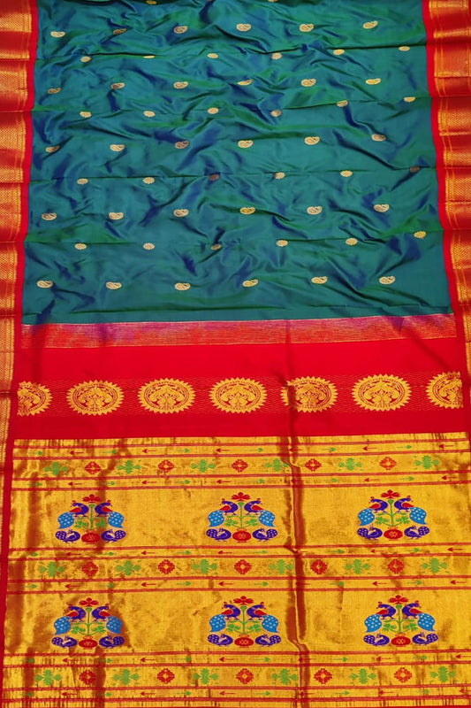 Handloom Silk Peacock Saree - Blue & Red Paithani Design - Luxurion World