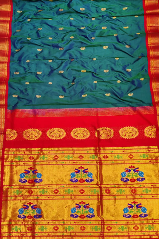 Handloom Silk Peacock Saree - Blue & Red Paithani Design - Luxurion World